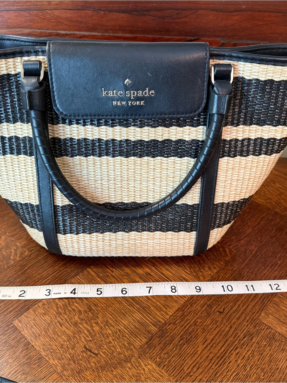 kate spade Black & Cream Striped Straw Tote